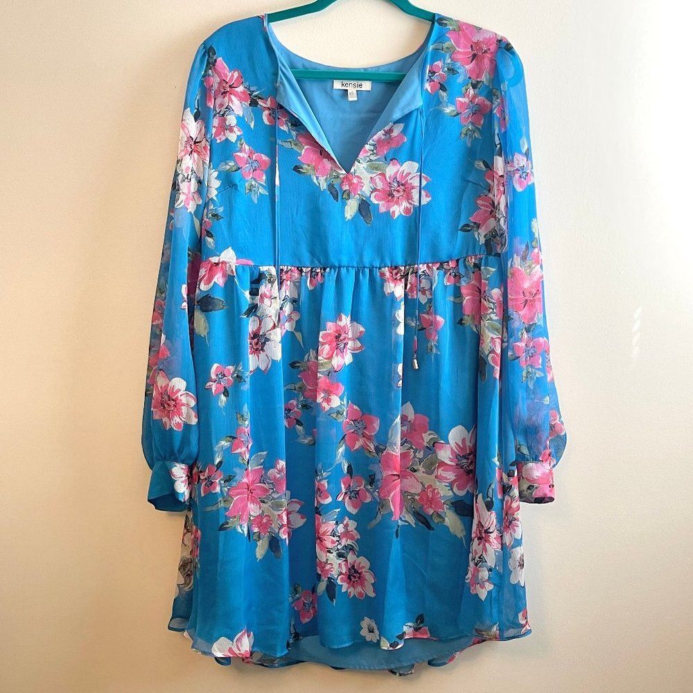 Bright Blue Floral Long Sleeve Chiffon Dress – Size 12 Garden Party Wedding
